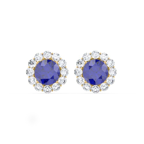 Halo Round Stud Earrings – 10K Yellow Gold with Blue Sapphire and White Premium Zirconia
