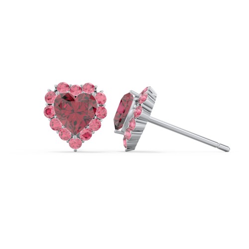 Halo Heart Stud Earrings – Sterling Silver with Ruby and Red Premium Zirconia
