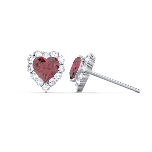 Halo Heart Stud Earrings – Sterling Silver with Ruby and White Premium Zirconia