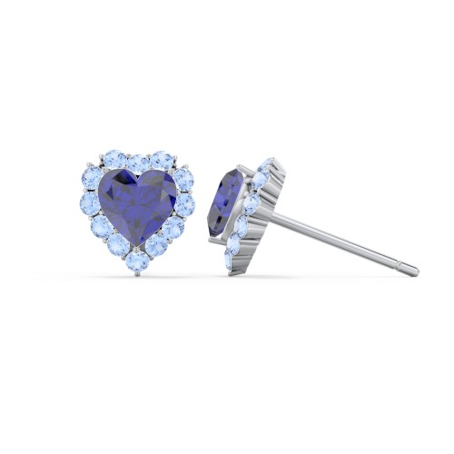 Halo Heart Stud Earrings – Sterling Silver with Blue Sapphire and Fancy Blue Premium Zirconia