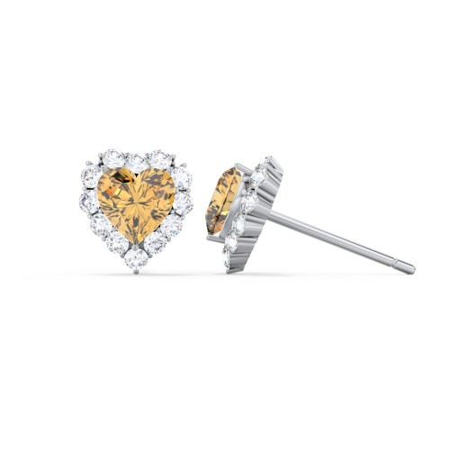 Halo Heart Stud Earrings – Sterling Silver with Citrine and White Premium Zirconia