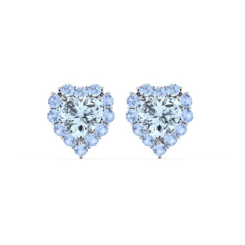 Halo Heart Stud Earrings – Sterling Silver with Aquamarine and Fancy Blue Premium Zirconia