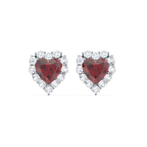 Halo Heart Stud Earrings – Sterling Silver with Garnet and White Premium Zirconia