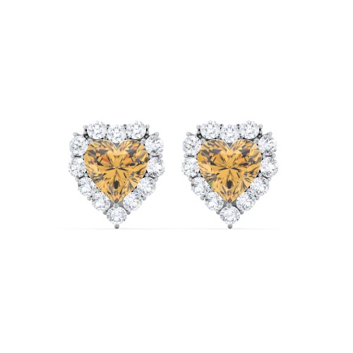 Halo Heart Stud Earrings – Sterling Silver with Citrine and White Premium Zirconia