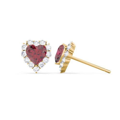 Halo Heart Stud Earrings – 10K Yellow Gold with Ruby and White Premium Zirconia