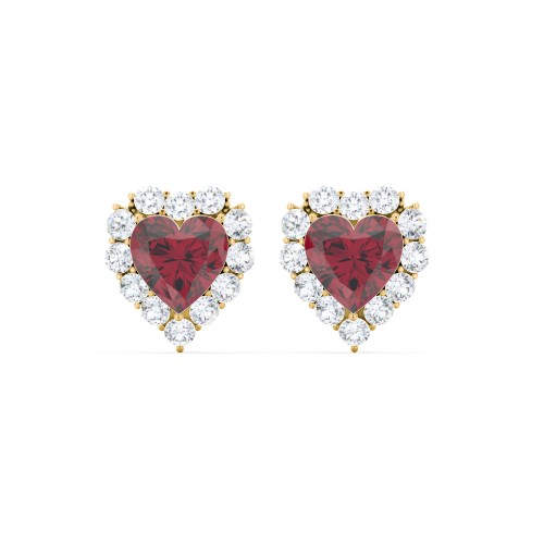 Halo Heart Stud Earrings – 10K Yellow Gold with Ruby and White Premium Zirconia