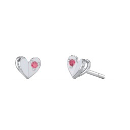 Mini Folded Heart Stud Earrings with Gemstones in 925 Sterling Silver with Red Premium Zirconia