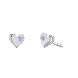 Mini Folded Heart Stud Earrings with Gemstones in 925 Sterling Silver with Amethyst Premium Zirconia