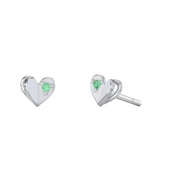 Mini Folded Heart Stud Earrings with Gemstones in 925 Sterling Silver with Green Premium Zirconia
