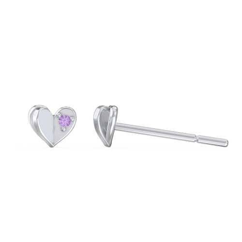 Mini Folded Heart Stud Earrings with Gemstones – Sterling Silver with Amethyst Premium Zirconia