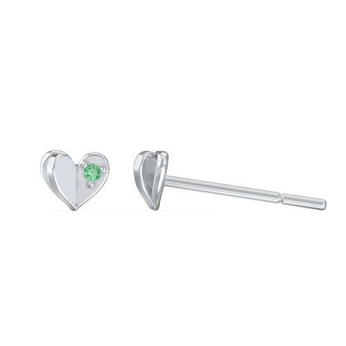 Mini Folded Heart Stud Earrings with Gemstones – Sterling Silver with Green Premium Zirconia