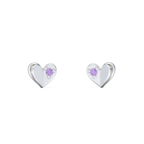 Mini Folded Heart Stud Earrings with Gemstones – Sterling Silver with Amethyst Premium Zirconia