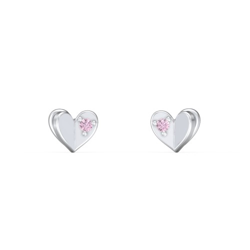 Mini Folded Heart Stud Earrings with Gemstones – Sterling Silver with Fancy Pink Premium Zirconia
