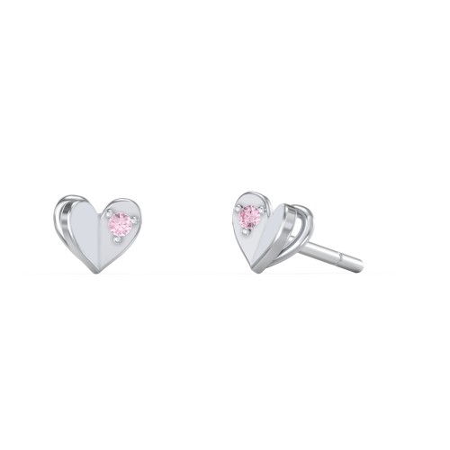 Mini Folded Heart Stud Earrings with Gemstones – Sterling Silver with Fancy Pink Premium Zirconia