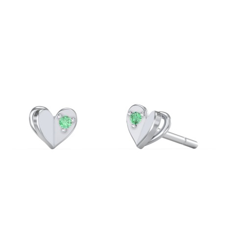 Mini Folded Heart Stud Earrings with Gemstones – Sterling Silver with Green Premium Zirconia