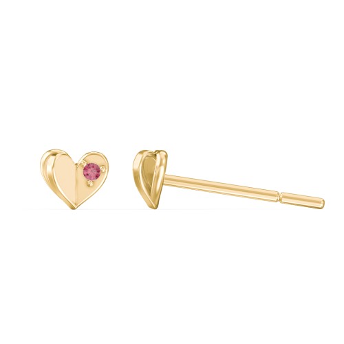 Mini Folded Heart Stud Earrings with Gemstones – 10K Yellow Gold with Red Premium Zirconia