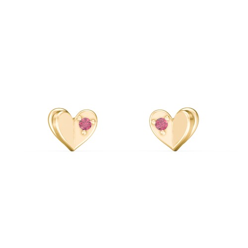 Mini Folded Heart Stud Earrings with Gemstones – 10K Yellow Gold with Red Premium Zirconia