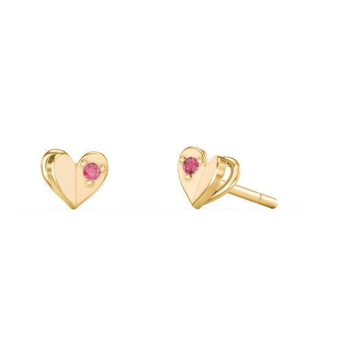Mini Folded Heart Stud Earrings with Gemstones – 10K Yellow Gold with Red Premium Zirconia