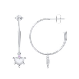Large Open Hoop Earrings with Beaded Puffed Heart Charm and Accents in 925 Sterling Silver