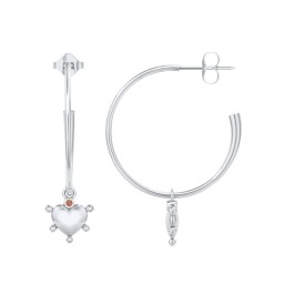 Large Open Hoop Earrings with Beaded Puffed Heart Charm and Accents in 925 Sterling Silver with Garnet