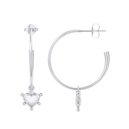 Large Open Hoop Earrings with Beaded Puffed Heart Charm and Accents in 925 Sterling Silver with Pink Tourmaline