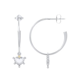 Large Open Hoop Earrings with Beaded Puffed Heart Charm and Accents in 925 Sterling Silver with Citrine