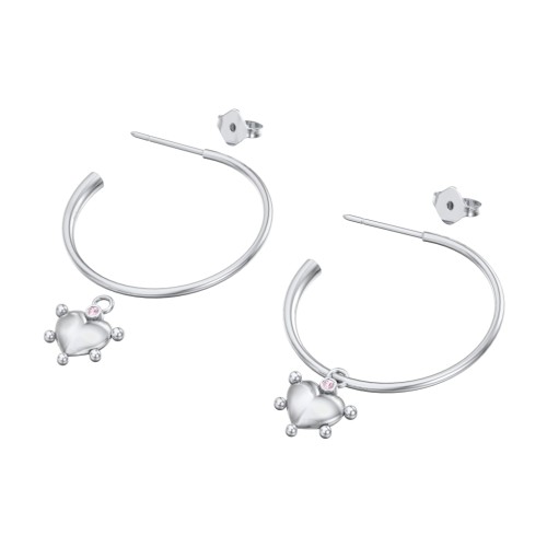 Large Open Hoop Earrings with Beaded Puffed Heart Charm and Accents – Sterling Silver with Pink Tourmaline