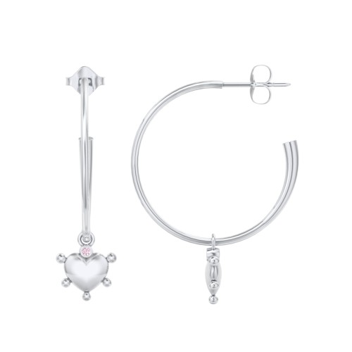 Large Open Hoop Earrings with Beaded Puffed Heart Charm and Accents – Sterling Silver with Pink Tourmaline