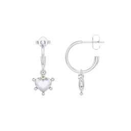 Small Open Hoop Earrings with Beaded Puffed Heart Charm and Accents in 925 Sterling Silver with Peridot