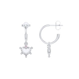 Small Open Hoop Earrings with Beaded Puffed Heart Charm and Accents in 925 Sterling Silver with Pink Tourmaline