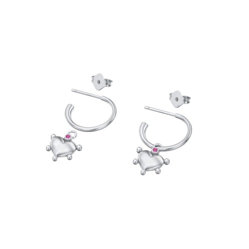 Small Open Hoop Earrings with Beaded Puffed Heart Charm and Accents – Sterling Silver with Ruby