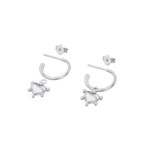 Small Open Hoop Earrings with Beaded Puffed Heart Charm and Accents – Sterling Silver with Pink Tourmaline