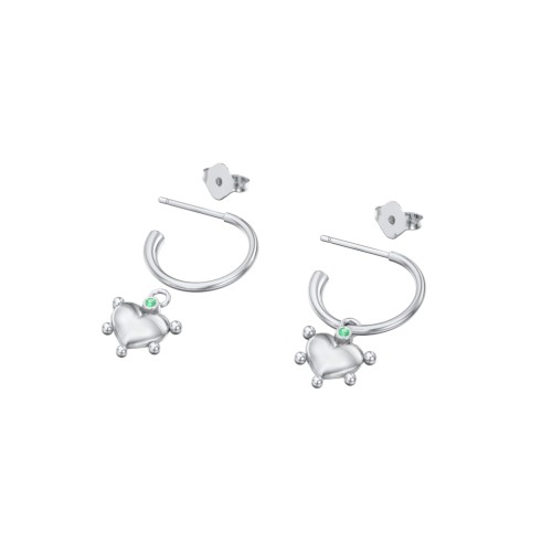 Small Open Hoop Earrings with Beaded Puffed Heart Charm and Accents – Sterling Silver with Emerald