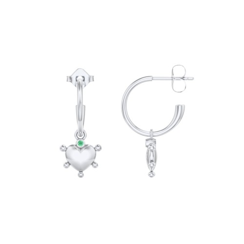 Small Open Hoop Earrings with Beaded Puffed Heart Charm and Accents – Sterling Silver with Emerald