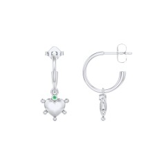 Small Open Hoop Earrings with Beaded Puffed Heart Charm and Accents – 10K Yellow Gold with Emerald