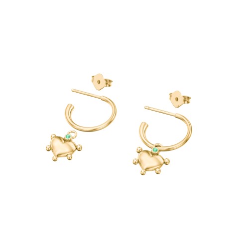 Small Open Hoop Earrings with Beaded Puffed Heart Charm and Accents – 10K Yellow Gold with Emerald
