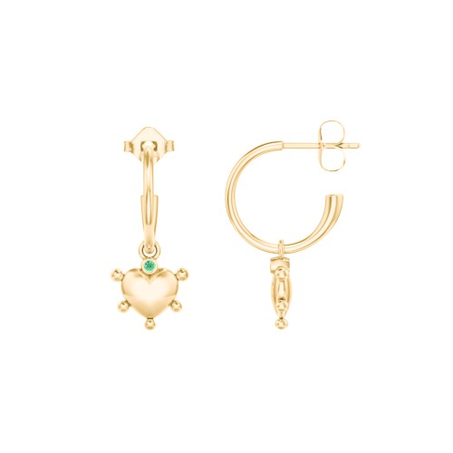 Small Open Hoop Earrings with Beaded Puffed Heart Charm and Accents – 10K Yellow Gold with Emerald
