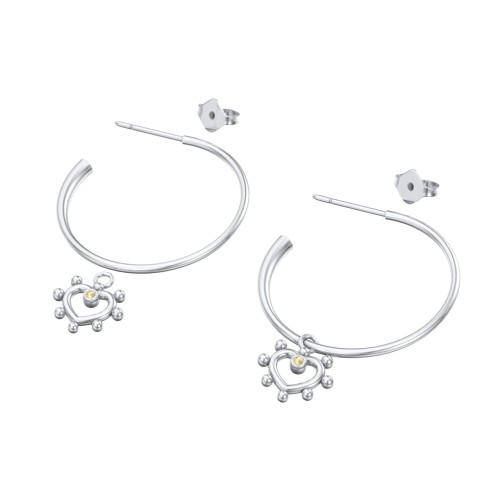 Large Open Hoop Earrings with Beaded Open Heart Charm and Accents