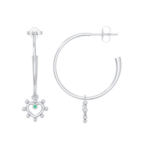 Large Open Hoop Earrings with Beaded Open Heart Charm and Accents – Sterling Silver with Emerald
