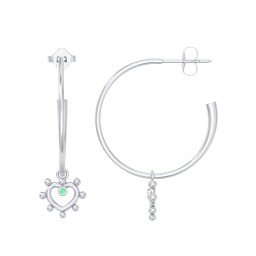 Large Open Hoop Earrings with Beaded Open Heart Charm and Accents in 925 Sterling Silver with Green Premium Zirconia