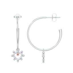 Large Open Hoop Earrings with Beaded Open Heart Charm and Accents in 925 Sterling Silver with Garnet
