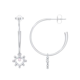 Large Open Hoop Earrings with Beaded Open Heart Charm and Accents in 925 Sterling Silver with Pink Tourmaline