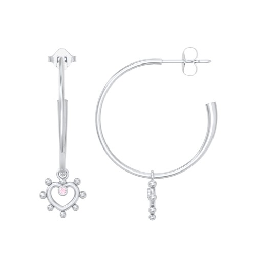 Large Open Hoop Earrings with Beaded Open Heart Charm and Accents – Sterling Silver with Pink Tourmaline