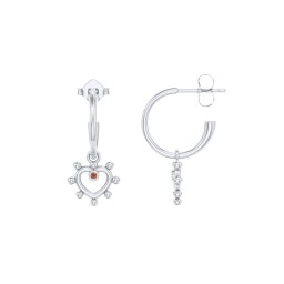 Small Open Hoop Earrings with Beaded Open Heart Charm and Accents in 925 Sterling Silver
