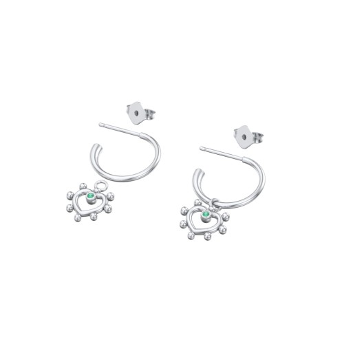Small Open Hoop Earrings with Beaded Open Heart Charm and Accents – Sterling Silver with Emerald