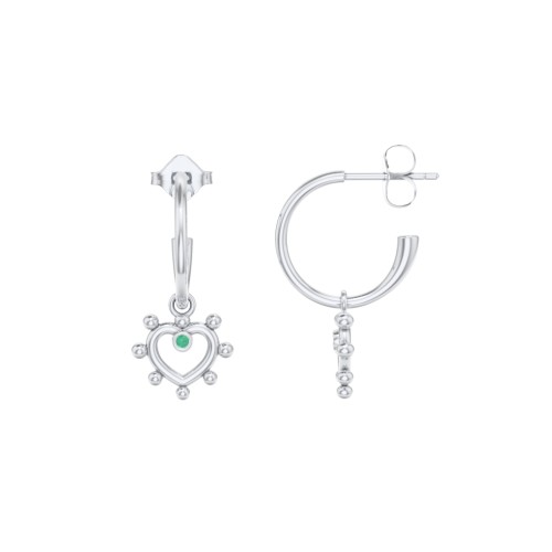 Small Open Hoop Earrings with Beaded Open Heart Charm and Accents – Sterling Silver with Emerald