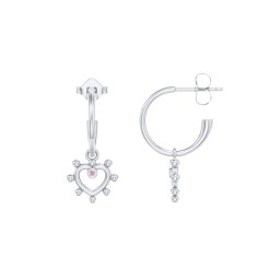 Small Open Hoop Earrings with Beaded Open Heart Charm and Accents in 925 Sterling Silver with Pink Tourmaline