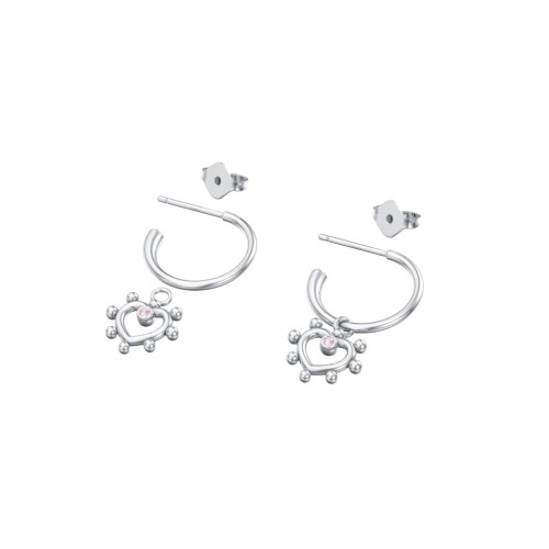 Small Open Hoop Earrings with Beaded Open Heart Charm and Accents – Sterling Silver with Pink Tourmaline