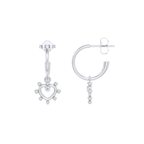 Small Open Hoop Earrings with Beaded Open Heart Charm and Accents – Sterling Silver with Aquamarine