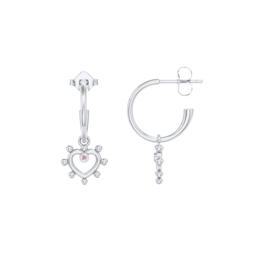 Small Open Hoop Earrings with Beaded Open Heart Charm and Accents – Sterling Silver with Pink Tourmaline
